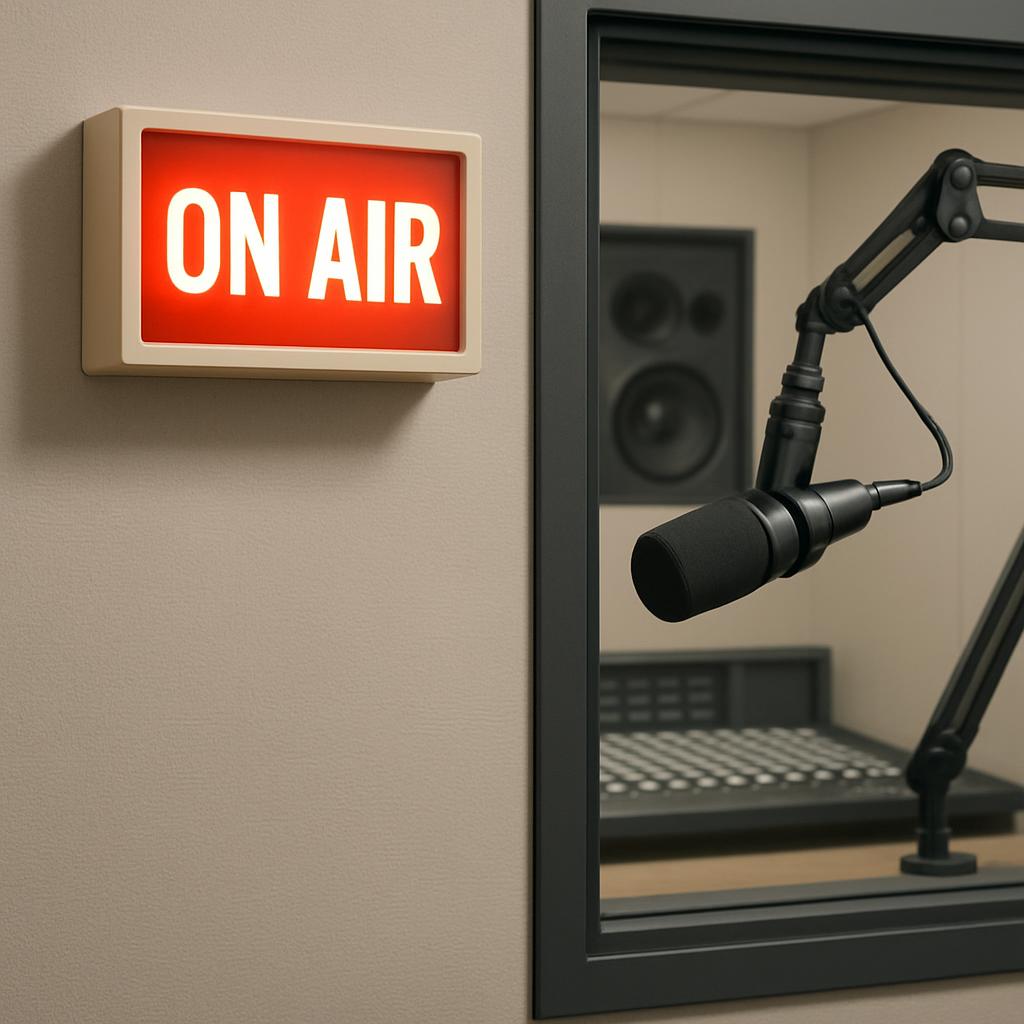 image of an on air sign, microphone, and audio mixer in a studio