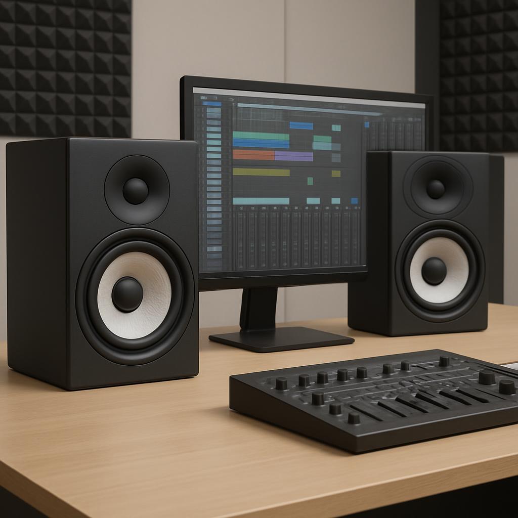 The alt text for this image is: "Computer monitor connected to a pair of black speakers and a trackpad controller in a rec...