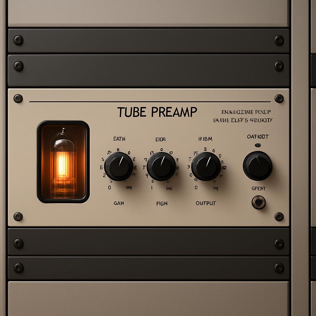 The image shows a piece of electronic equipment with various knobs and a light bulb. - The text on the image reads "TUBE P...